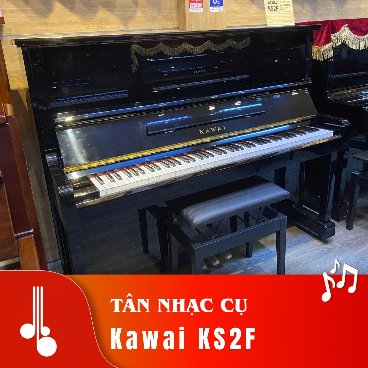 Đàn piano cơ Kawai KS2F màu đen bóng sang trọng tại TÂN NHẠC CỤ, thiết kế thùng cao 131cm bền bỉ và đẳng cấp.