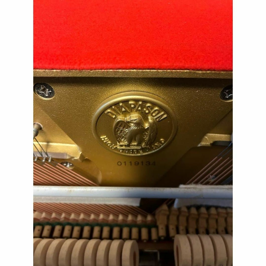 Logo thương hiệu Diapason và số serial trên khung gang đàn piano cơ tại Tân Nhạc Cụ