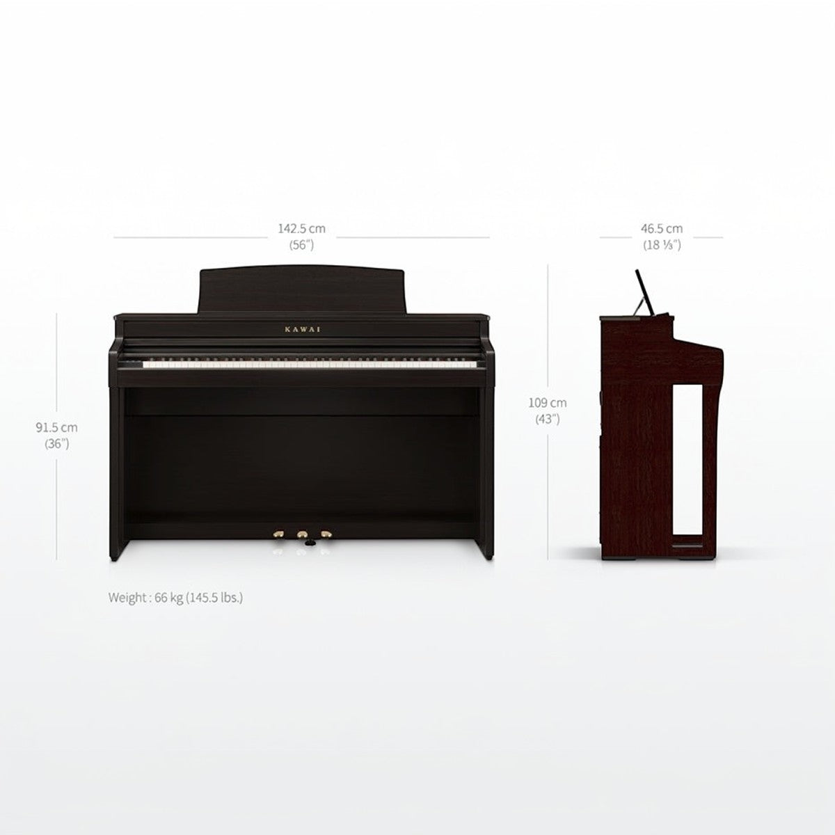 Đàn piano điện TÂN NHẠC CỤ Kawai CA59 màu nâu gỗ với kích thước chi tiết, bàn phím gỗ Grand Feel Compact cao cấp