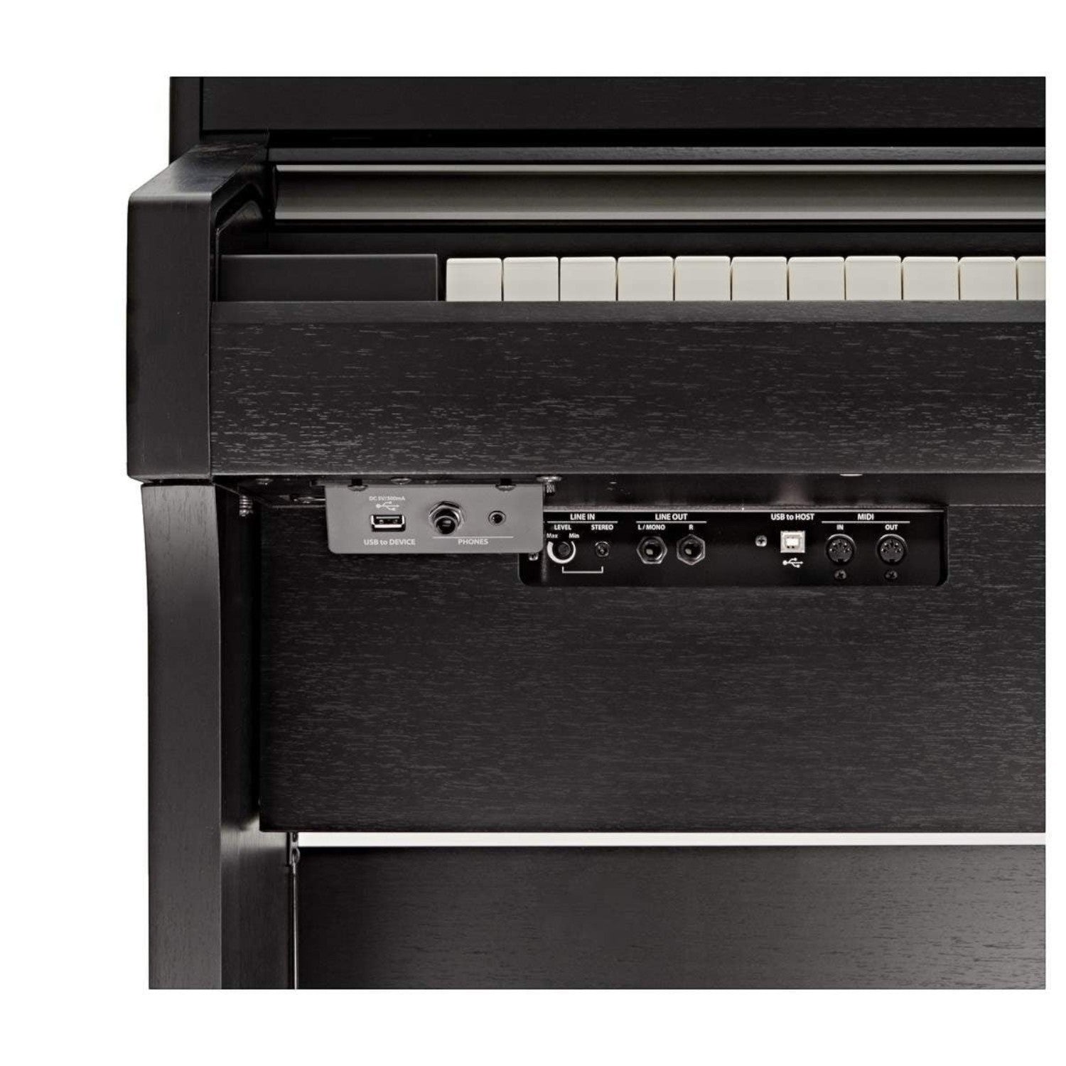 Bảng cổng kết nối phía dưới đàn piano điện Kawai CA78 tại TÂN NHẠC CỤ, bao gồm cổng USB, MIDI và giắc tai nghe