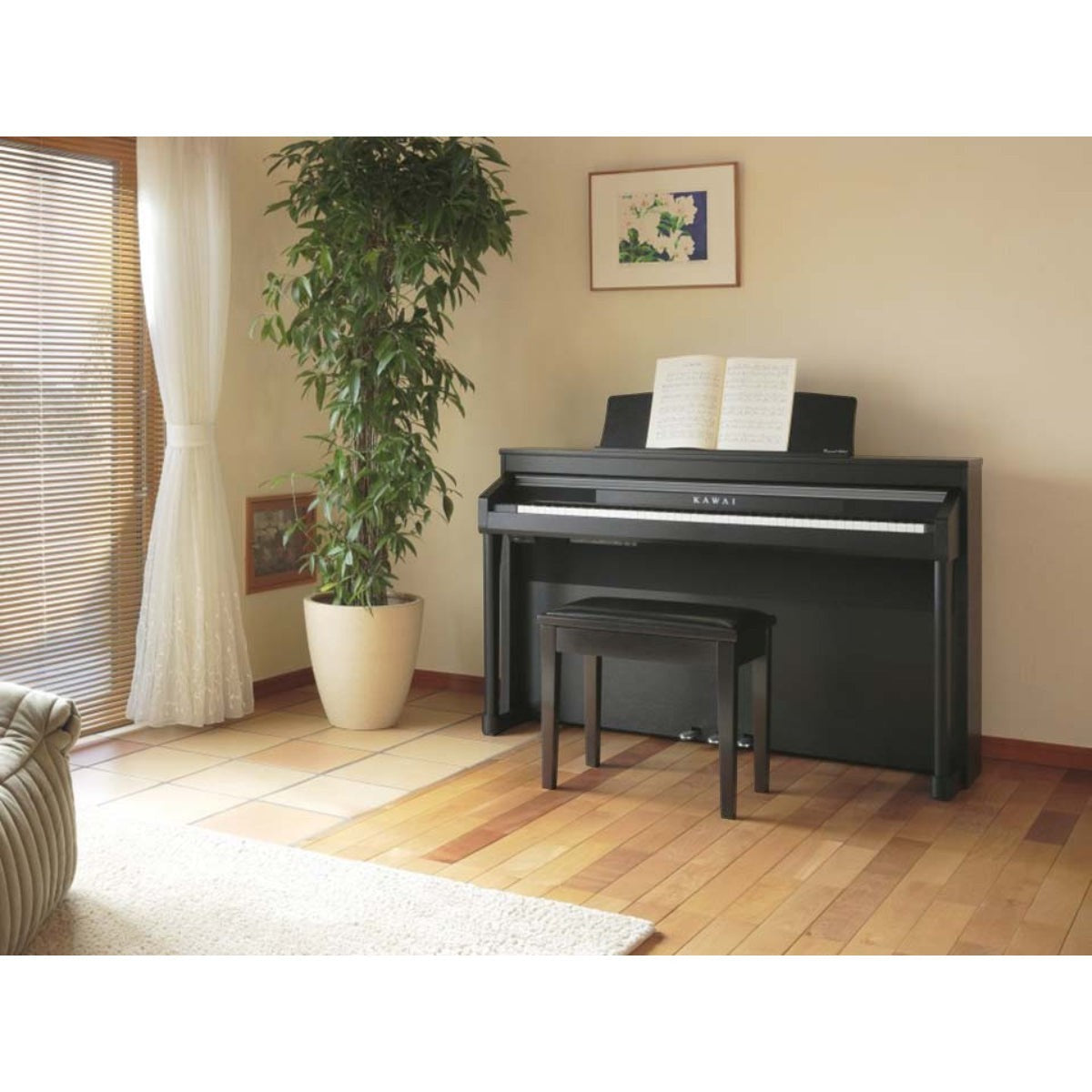 Đàn piano điện TÂN NHẠC CỤ Kawai CA9700GP màu đen với bàn phím gỗ Grand Feel trong không gian phòng khách sang trọng