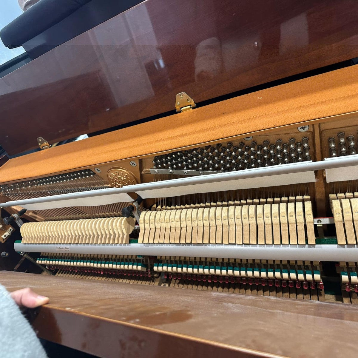 Cận cảnh bộ máy cơ bên trong đàn piano Kawai CL4MW tại TÂN NHẠC CỤ với các búa đàn và dây đàn bằng thép sáng bóng