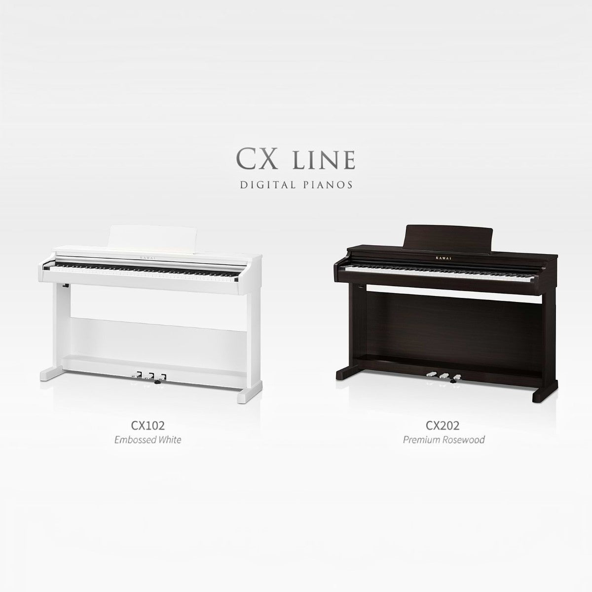 Đàn piano điện Kawai CX102 màu trắng và CX202 màu gỗ tại Tân Nhạc Cụ, thiết kế dáng tủ gọn gàng, sang trọng.