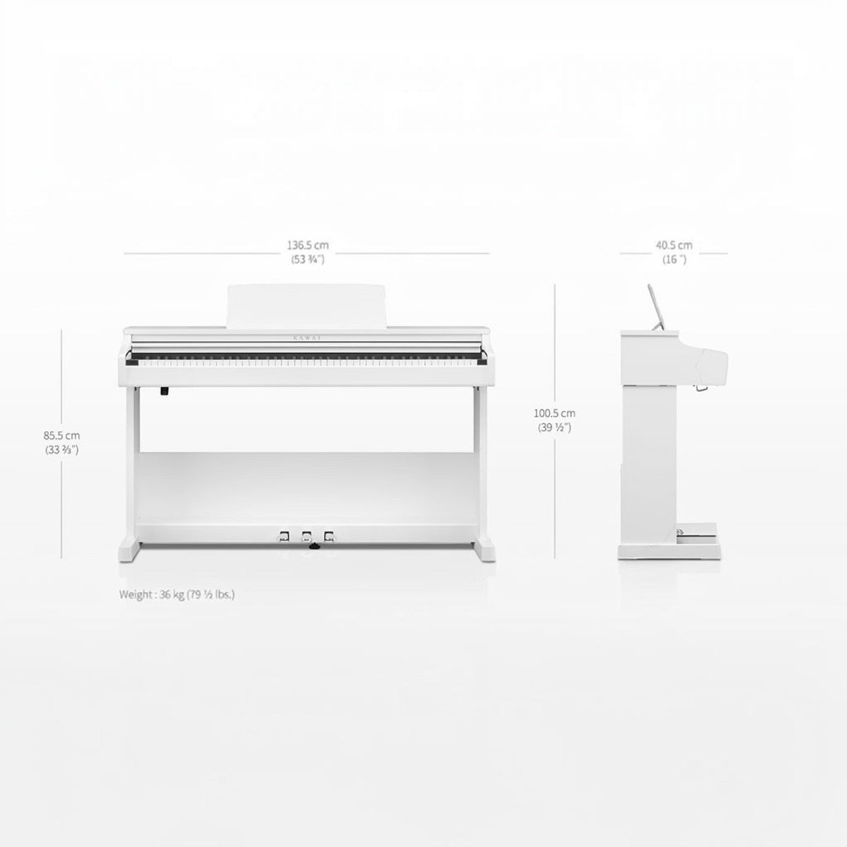 Đàn piano điện Kawai CX102 màu trắng với kích thước chi tiết, dáng tủ gọn gàng tại Tân Nhạc Cụ