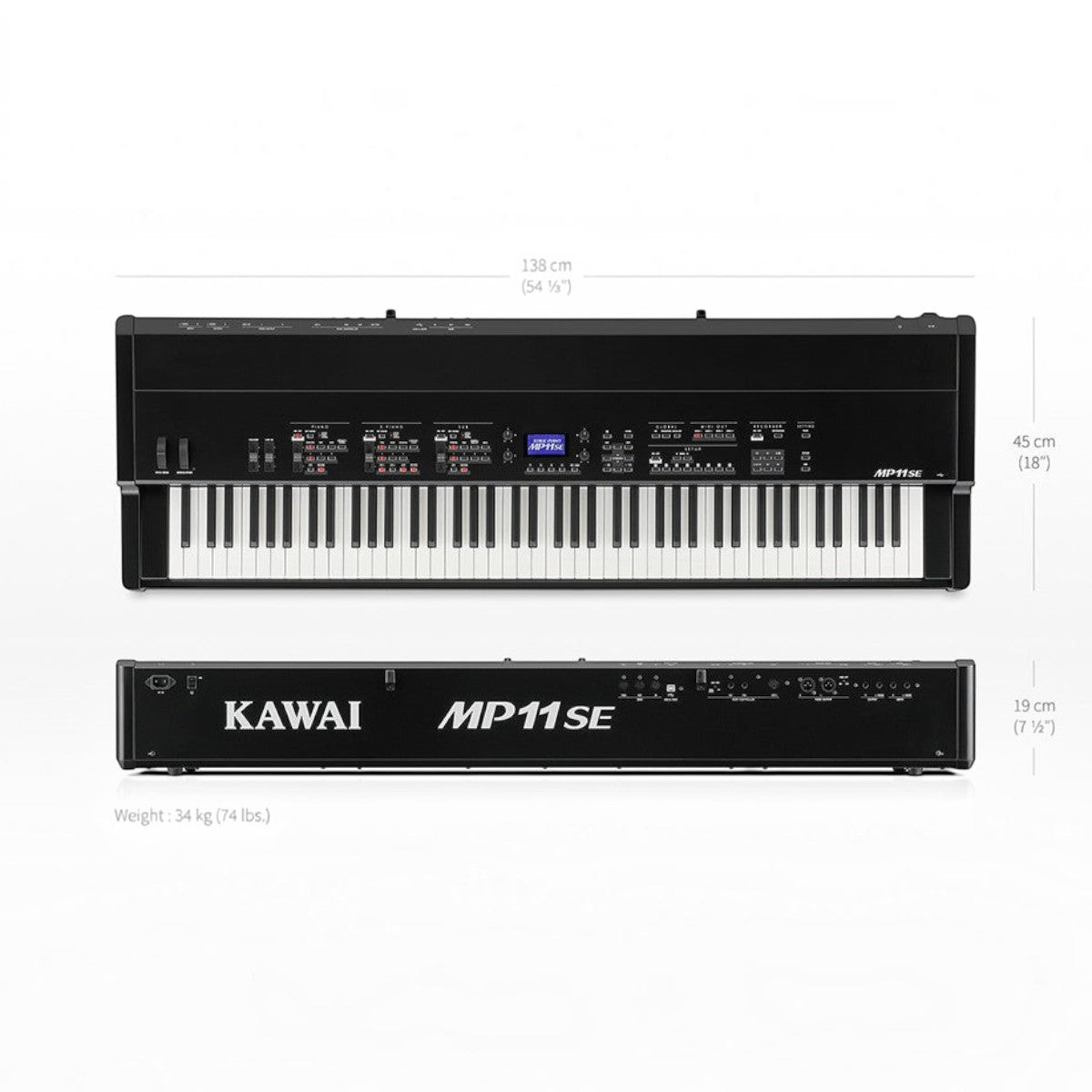 Đàn stage piano TÂN NHẠC CỤ Kawai MP11SE màu đen với bàn phím gỗ Grand Feel, nhìn từ trên xuống và mặt sau