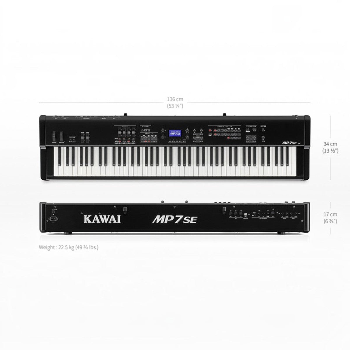 Đàn stage piano Kawai MP7SE màu đen bóng tại Tân Nhạc Cụ, hiển thị kích thước chi tiết từ góc nhìn trên và trước