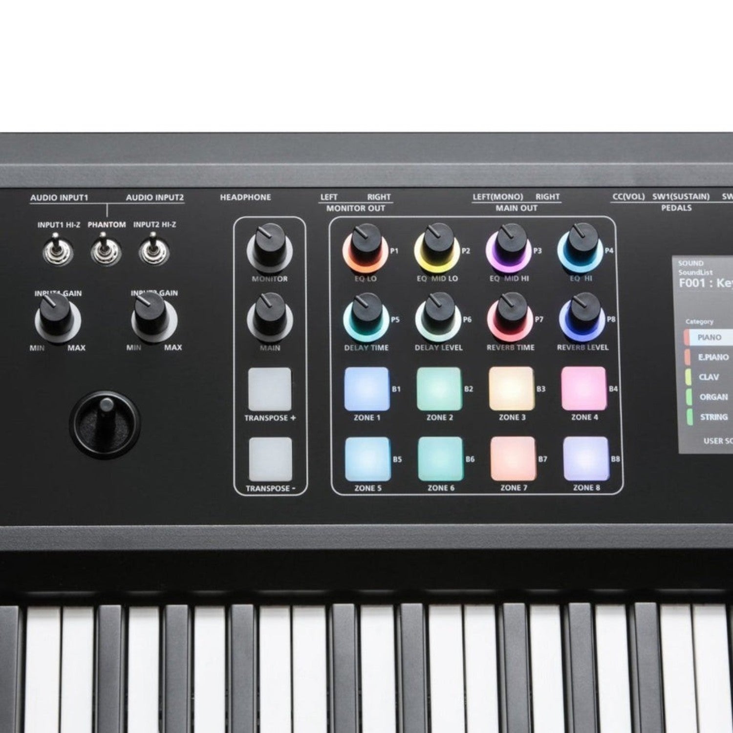Bảng điều khiển và núm xoay trên đàn piano điện TÂN NHẠC CỤ Kurzweil SP7 Grand với màn hình cảm ứng màu sắc nét
