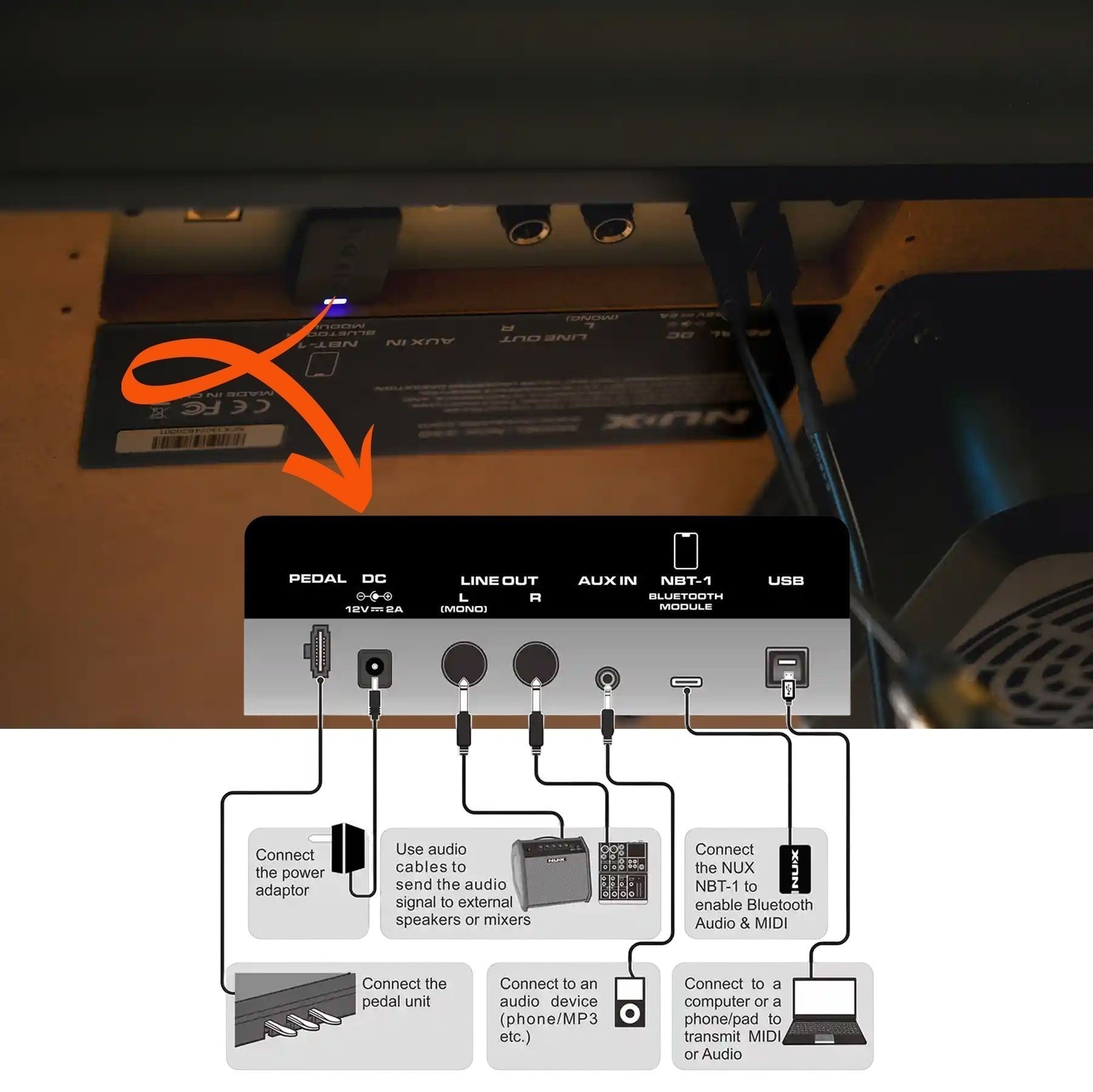 Sơ đồ các cổng kết nối phía sau đàn piano điện TÂN NHẠC CỤ NUX NCK-330 bao gồm nguồn, pedal, line out, aux in và bluetooth