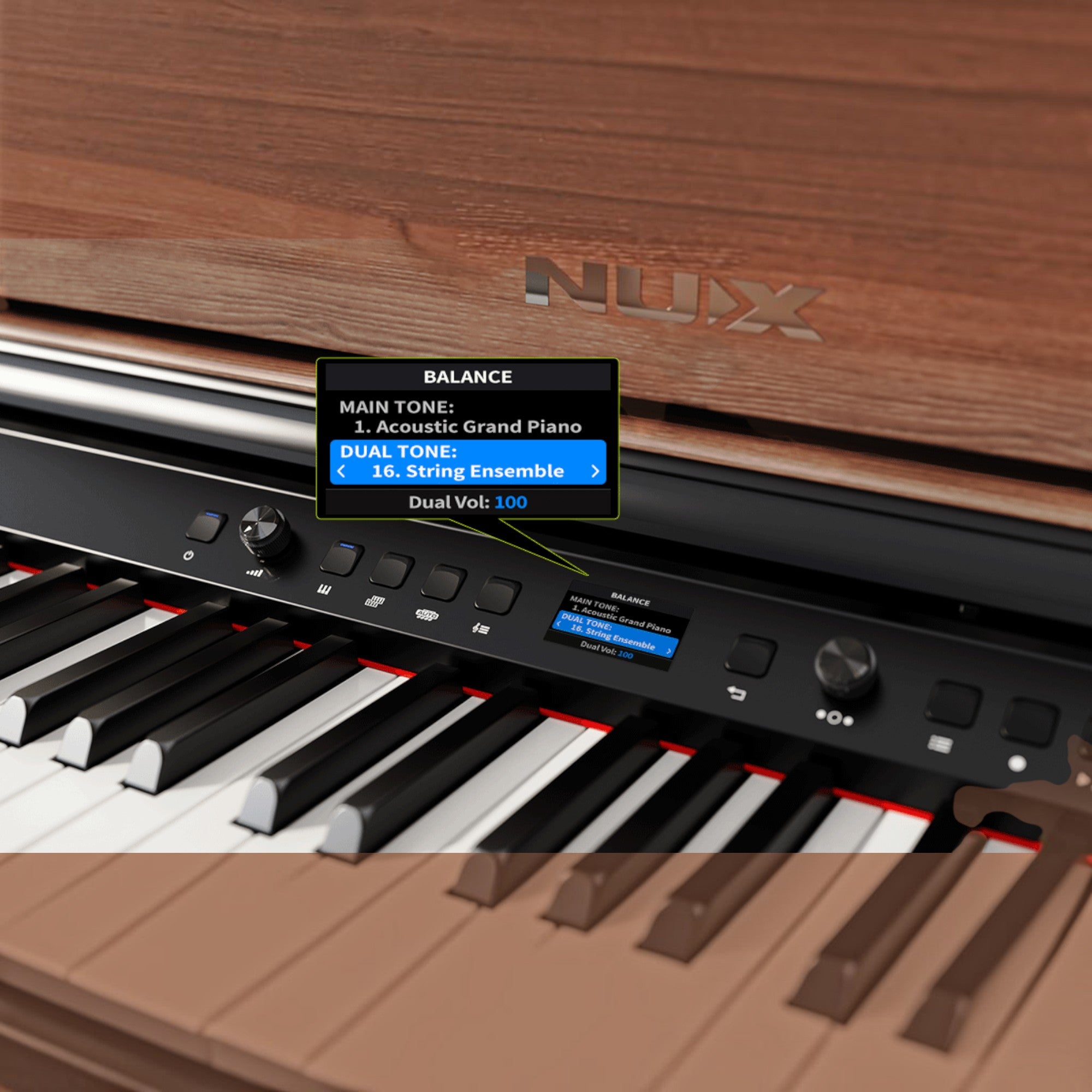 Bảng điều khiển kỹ thuật số trên đàn piano điện Nux NCK430 tại TÂN NHẠC CỤ hiển thị cài đặt âm thanh