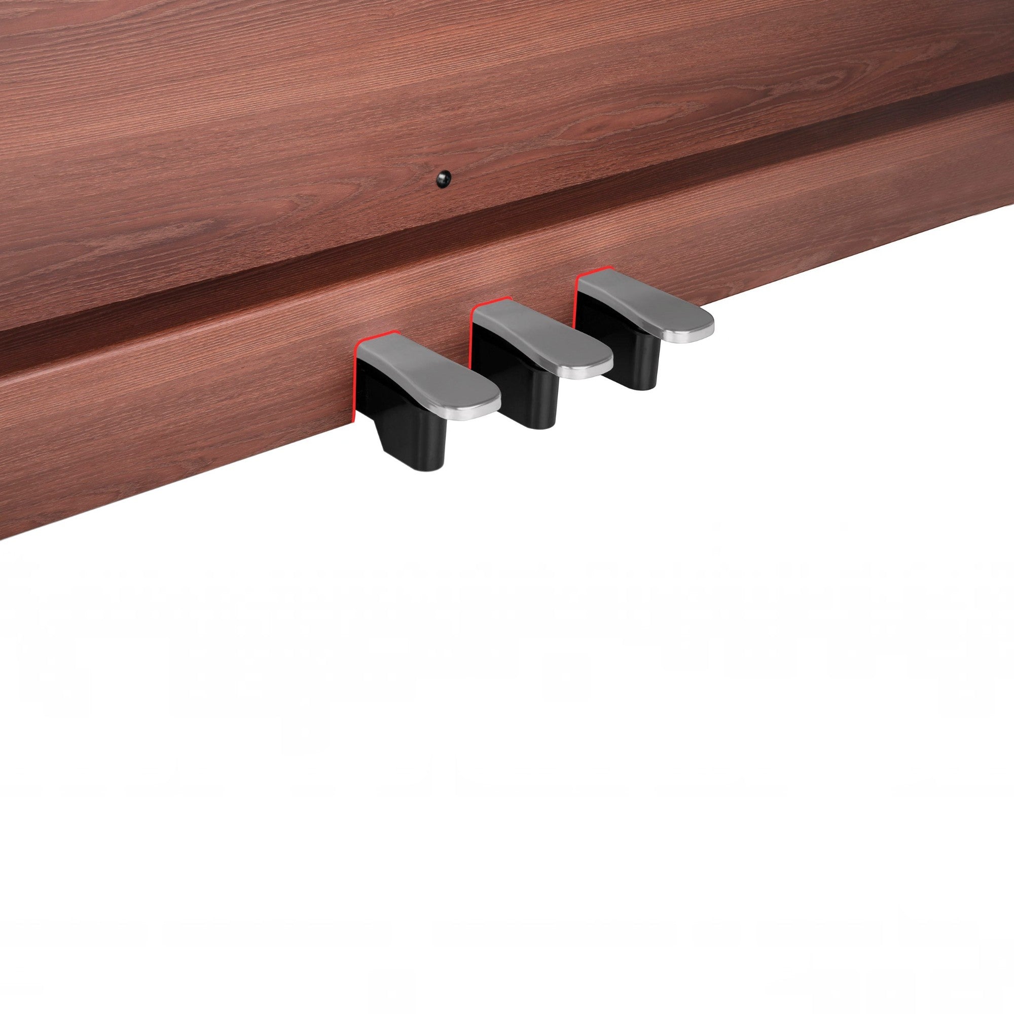 Bộ 3 pedal kim loại của đàn piano điện Nux NCK430 tại TÂN NHẠC CỤ với thiết kế giả cơ tinh tế trên nền gỗ nâu
