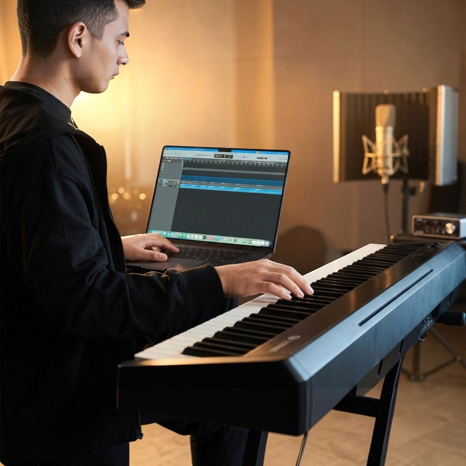 Người chơi sử dụng đàn piano điện TÂN NHẠC CỤ Nux NPK200 kết nối với máy tính để sản xuất âm nhạc trong phòng thu