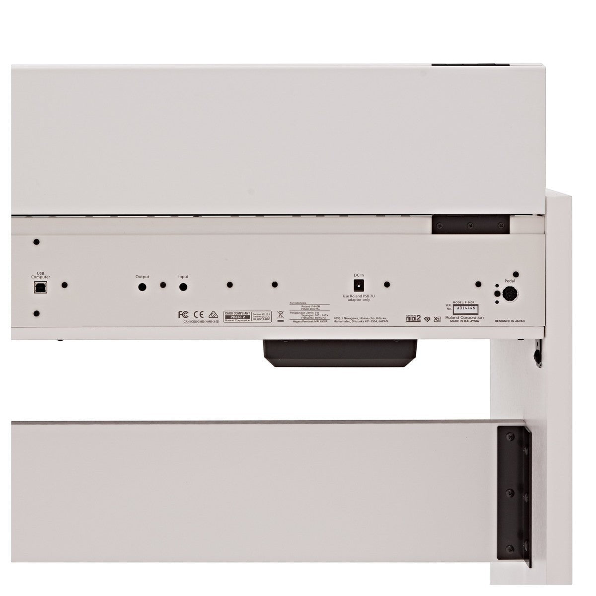 Bảng điều khiển kết nối phía sau đàn piano điện Tân Nhạc Cụ Roland F140 màu trắng với các cổng USB, Audio và Pedal