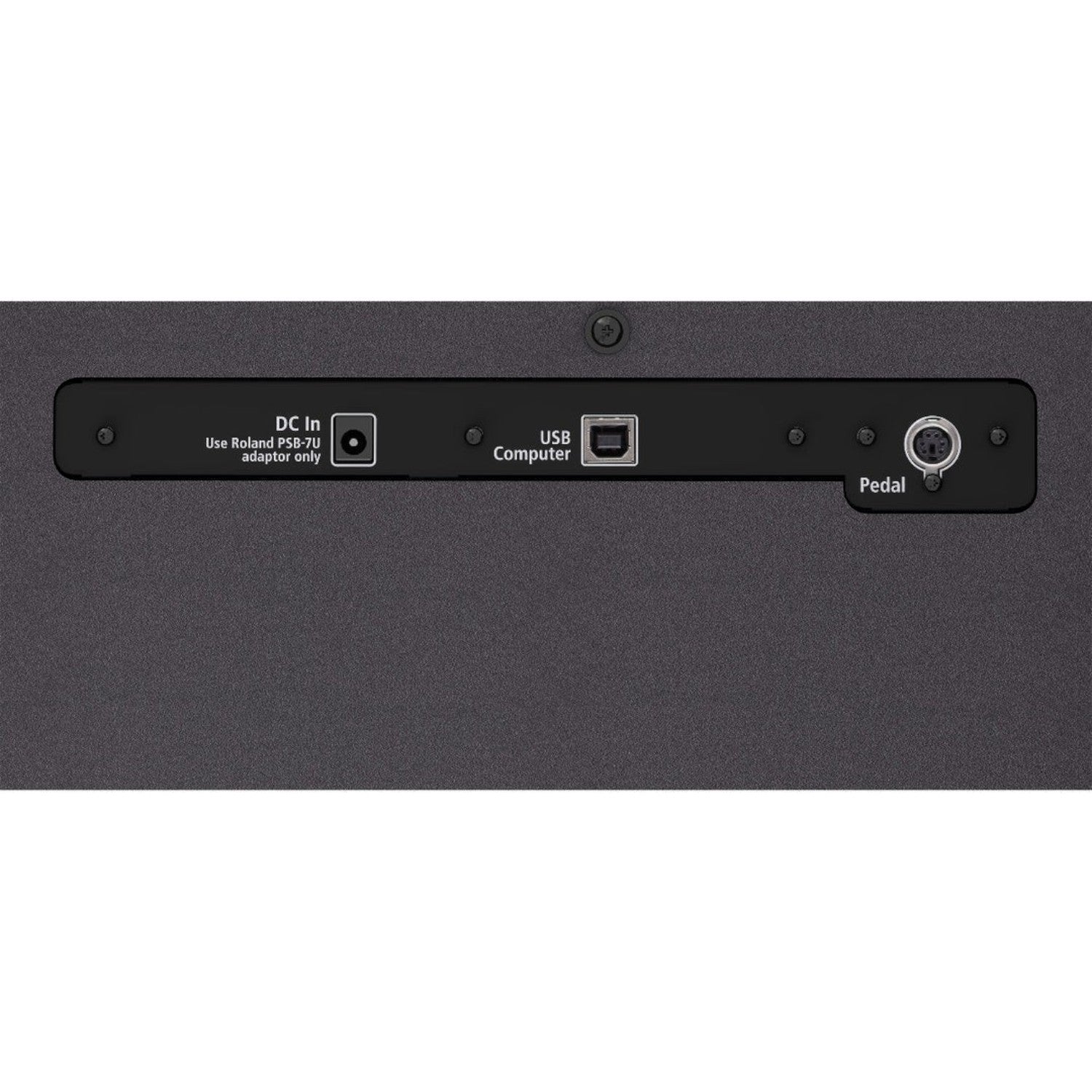 Bảng cổng kết nối phía sau đàn piano điện Roland F701 tại Tân Nhạc Cụ gồm nguồn DC, cổng USB và cổng bàn đạp
