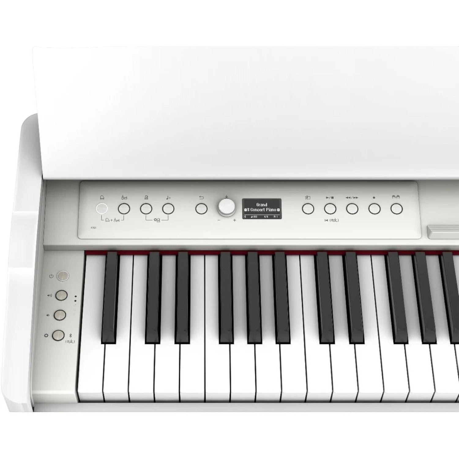 Đàn piano điện Roland F701 màu trắng tại Tân Nhạc Cụ, góc nhìn cận cảnh bảng điều khiển và bàn phím PHA-4 Standard.