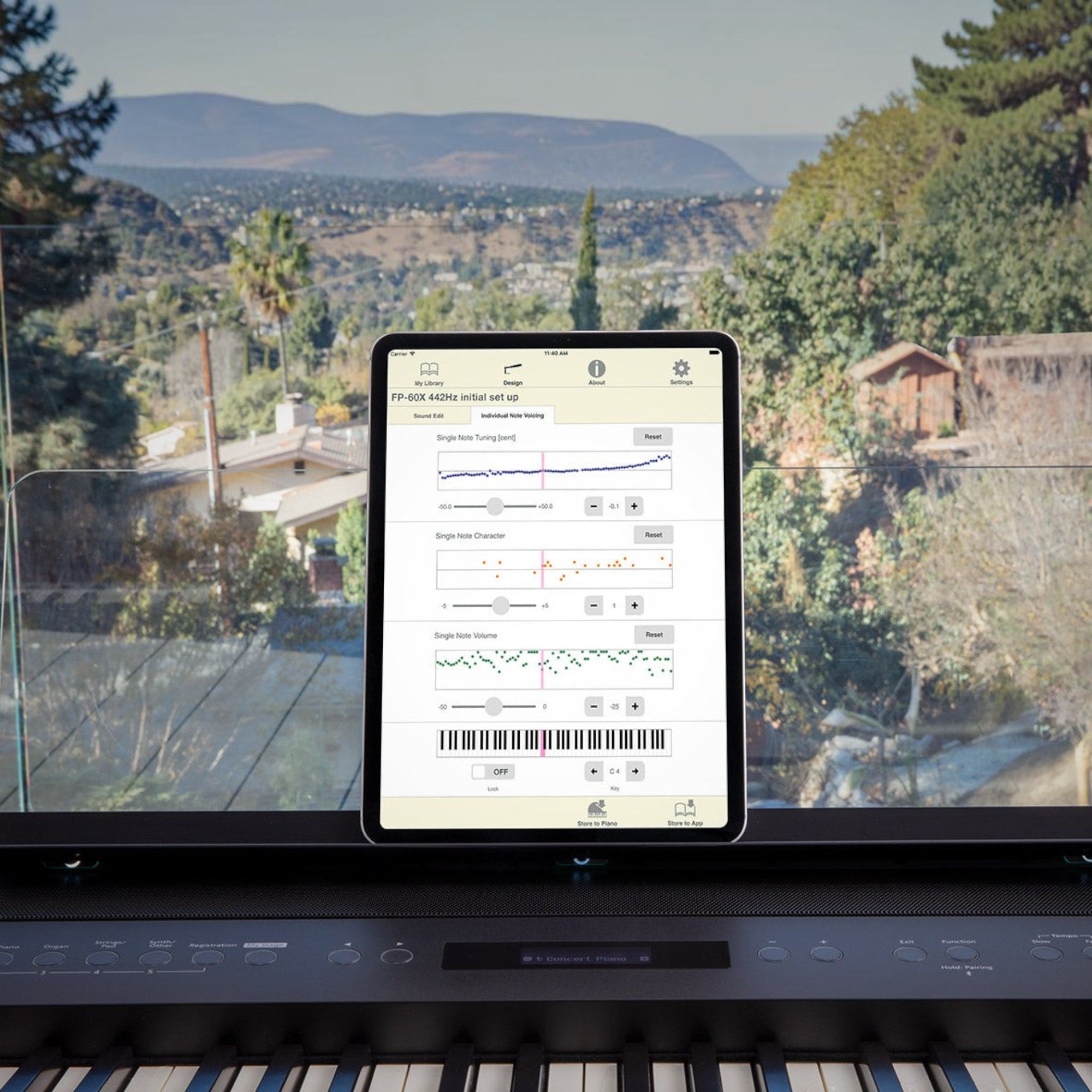 Máy tính bảng hiển thị ứng dụng chỉnh âm Roland FP-60X đặt trên đàn piano điện tại Tân Nhạc Cụ