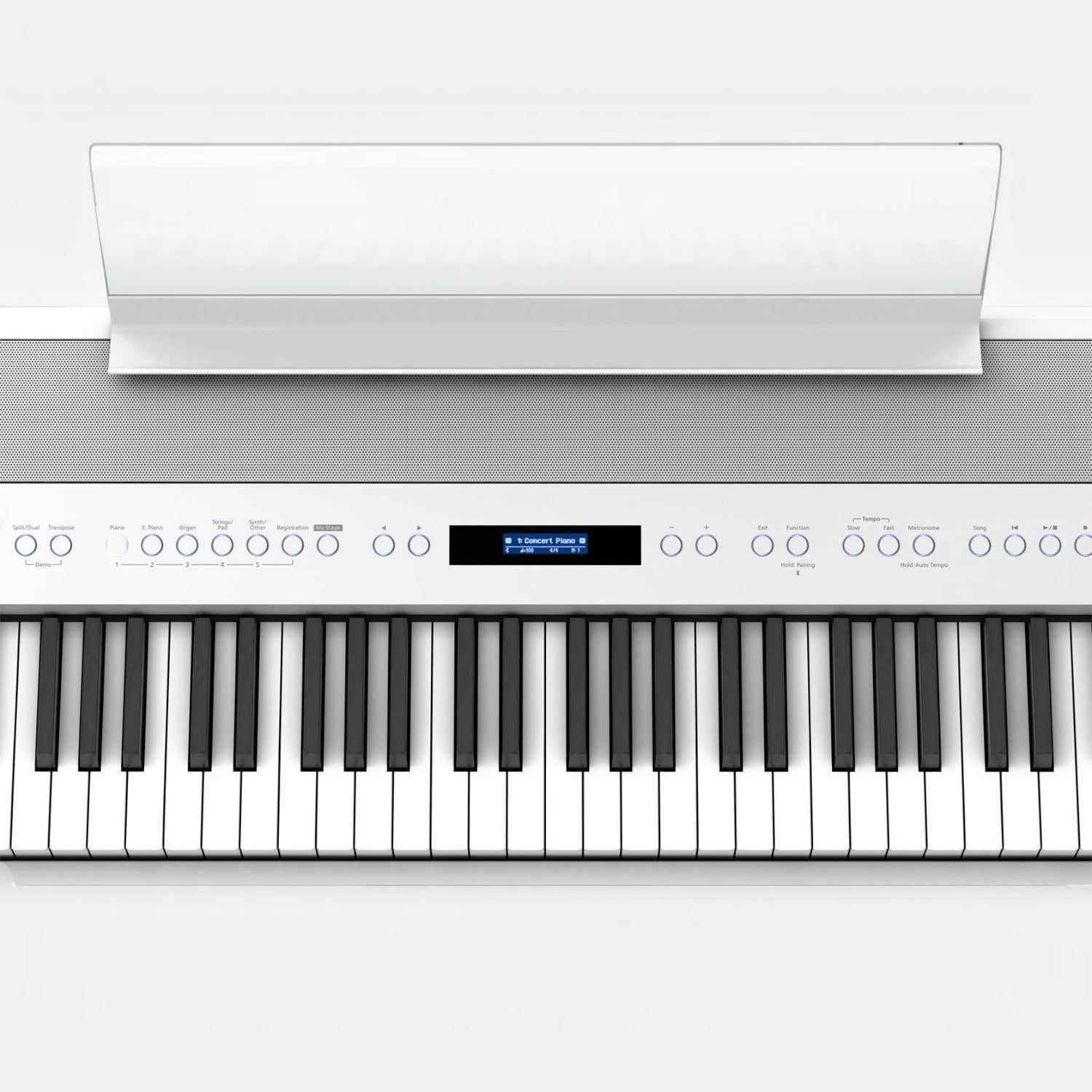 Đàn piano điện TÂN NHẠC CỤ Roland FP-90X màu trắng với bàn phím 88 phím, màn hình LCD và bảng điều khiển phía trên