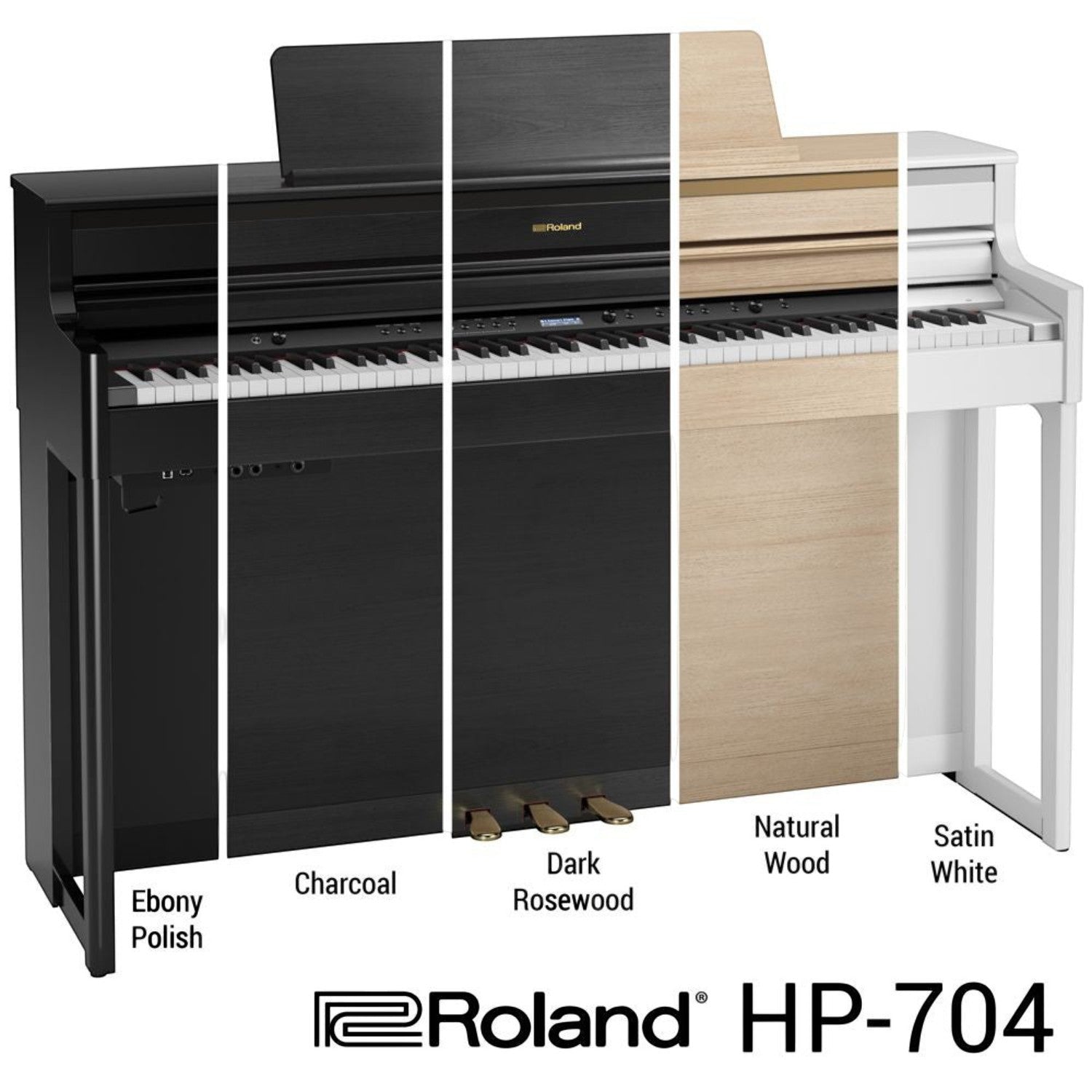 Các phiên bản màu sắc của đàn piano điện TÂN NHẠC CỤ Roland HP704 bao gồm đen bóng, than, gỗ hồng, gỗ tự nhiên và trắng