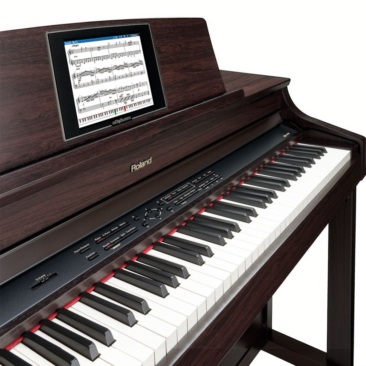 Đàn piano điện Roland HPi-7F màu gỗ nâu tại Tân Nhạc Cụ với màn hình DigiScore hiển thị bản nhạc trên giá nhạc