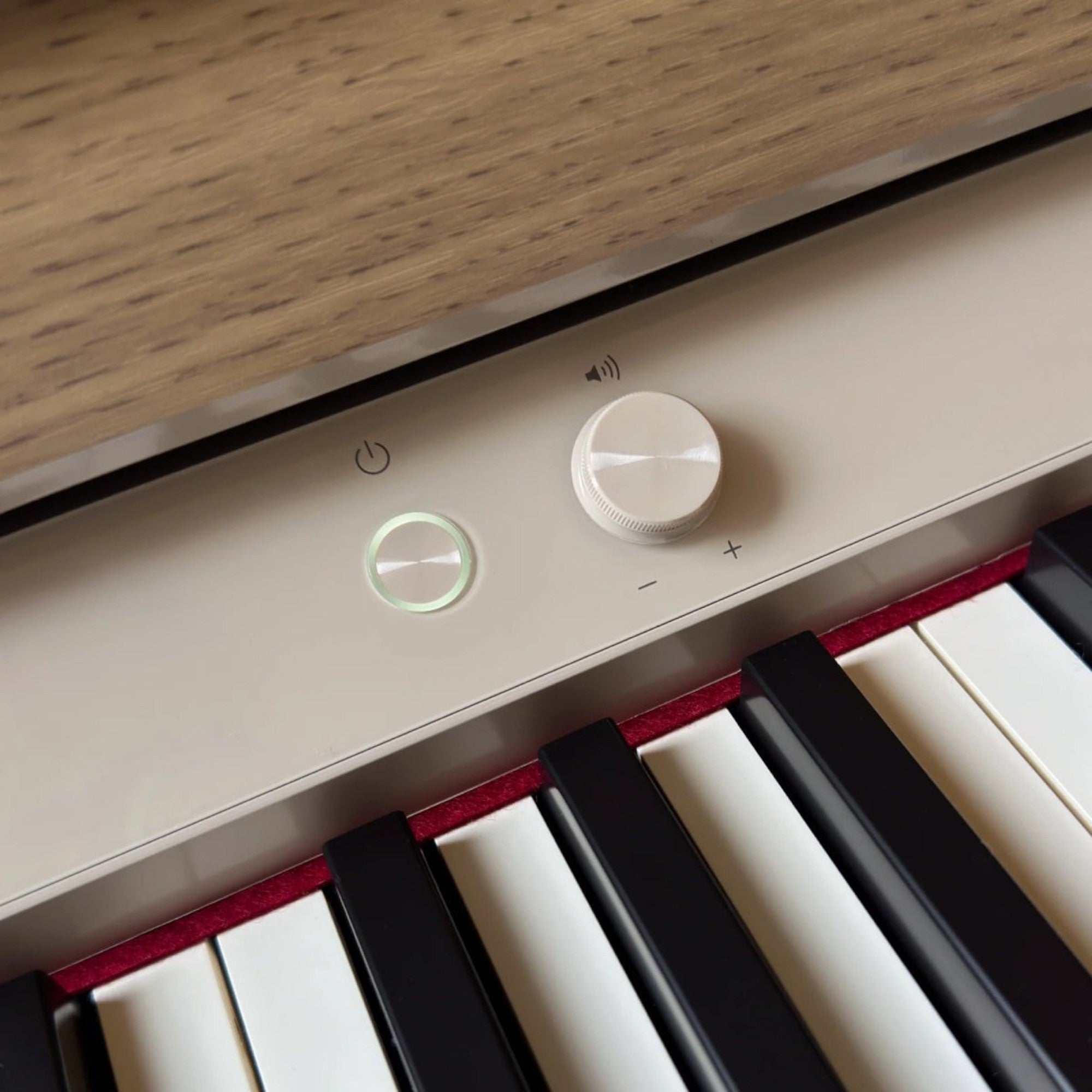 Bảng điều khiển tối giản với nút nguồn và núm âm lượng trên đàn piano điện Roland LX-5 tại TÂN NHẠC CỤ