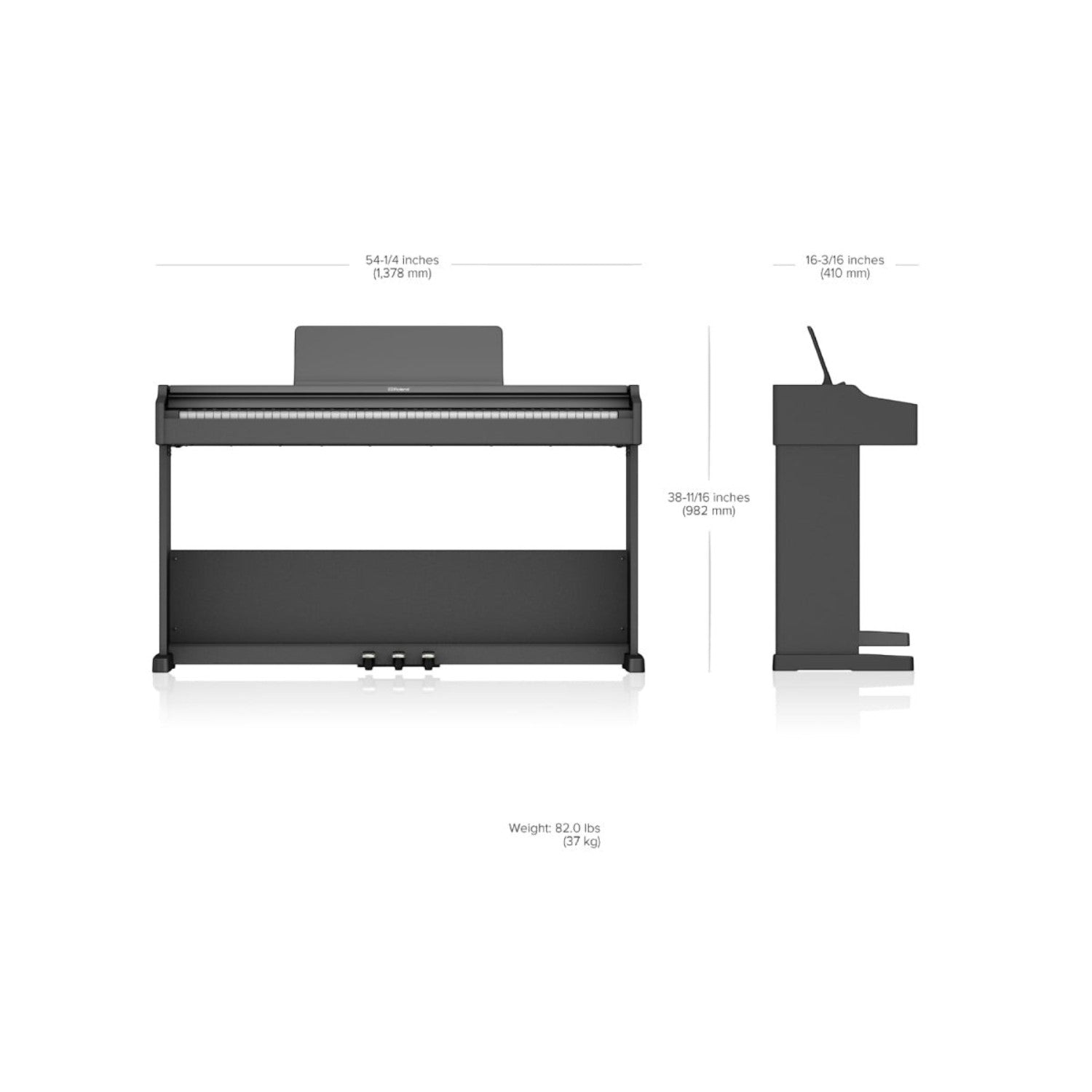 Thông số kích thước chi tiết đàn piano điện TÂN NHẠC CỤ Roland RP107 màu đen với thiết kế tủ đứng gọn gàng