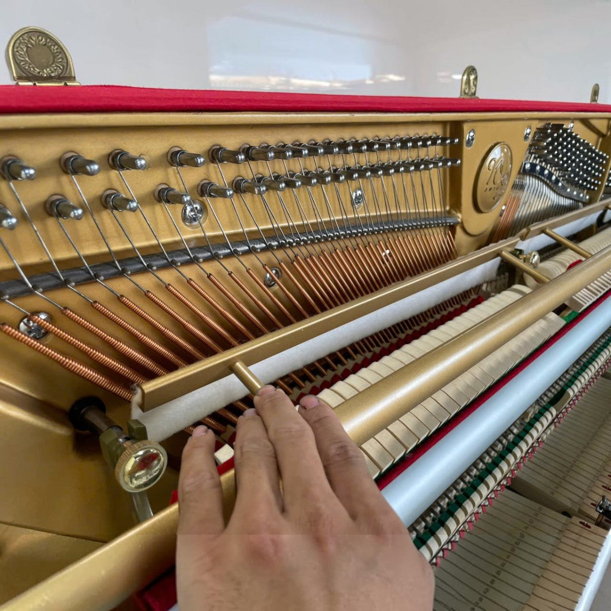 Bên trong đàn piano cơ Wendl & Lung U118 với khung gang vàng và hệ thống dây đàn tại Tân Nhạc Cụ