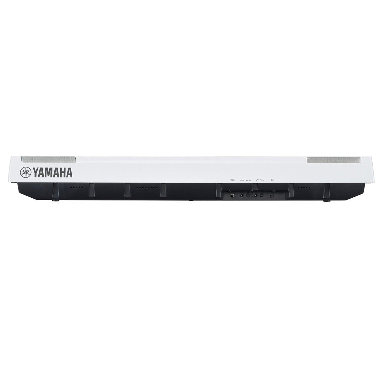 Mặt sau đàn piano điện TÂN NHẠC CỤ Yamaha P125 màu trắng với các cổng kết nối và logo thương hiệu