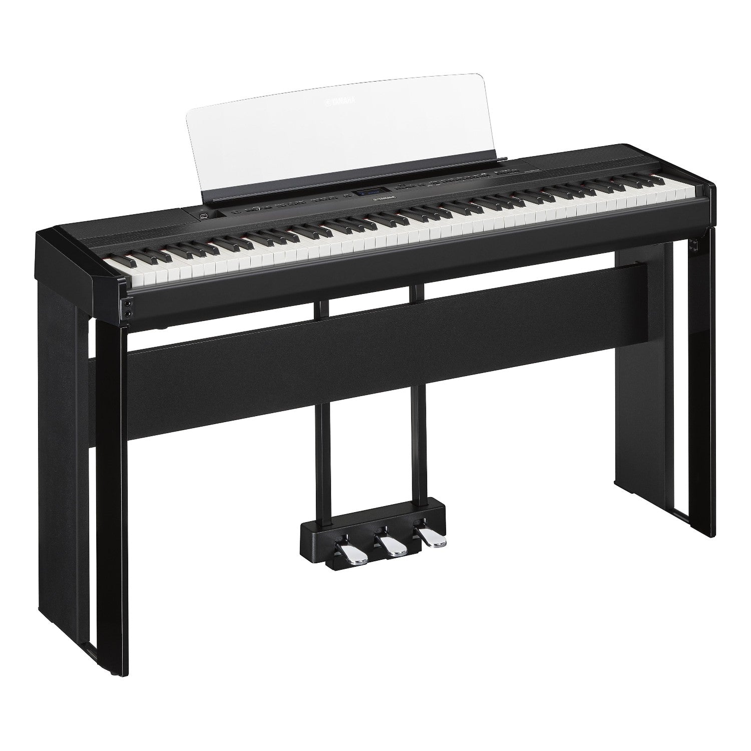 Đàn piano điện TÂN NHẠC CỤ Yamaha P-525 màu đen với bàn phím gỗ GrandTouch-S, chân đàn và bộ 3 pedal đi kèm.