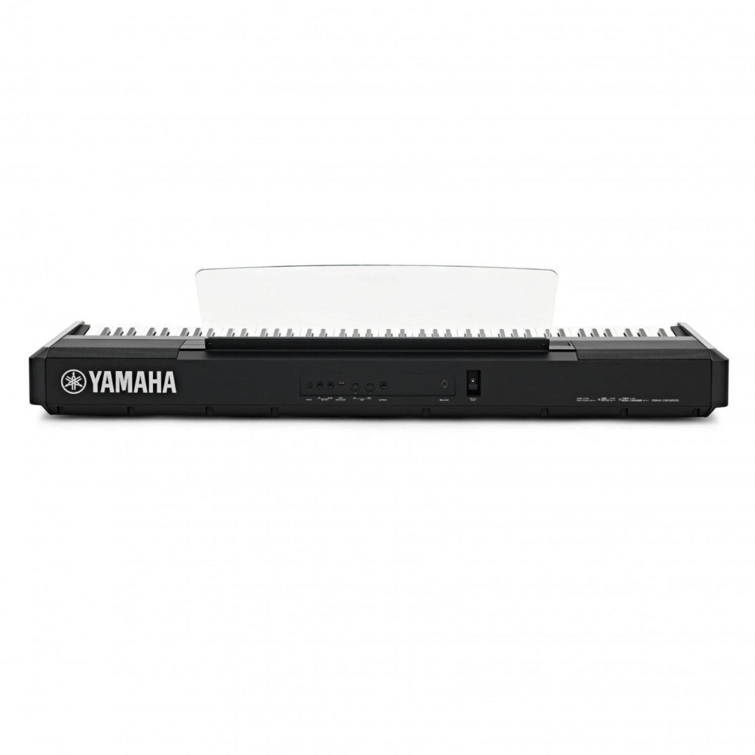 Mặt sau đàn piano điện Yamaha P525 màu đen tại Tân Nhạc Cụ, hiển thị các cổng kết nối và logo thương hiệu rõ nét.