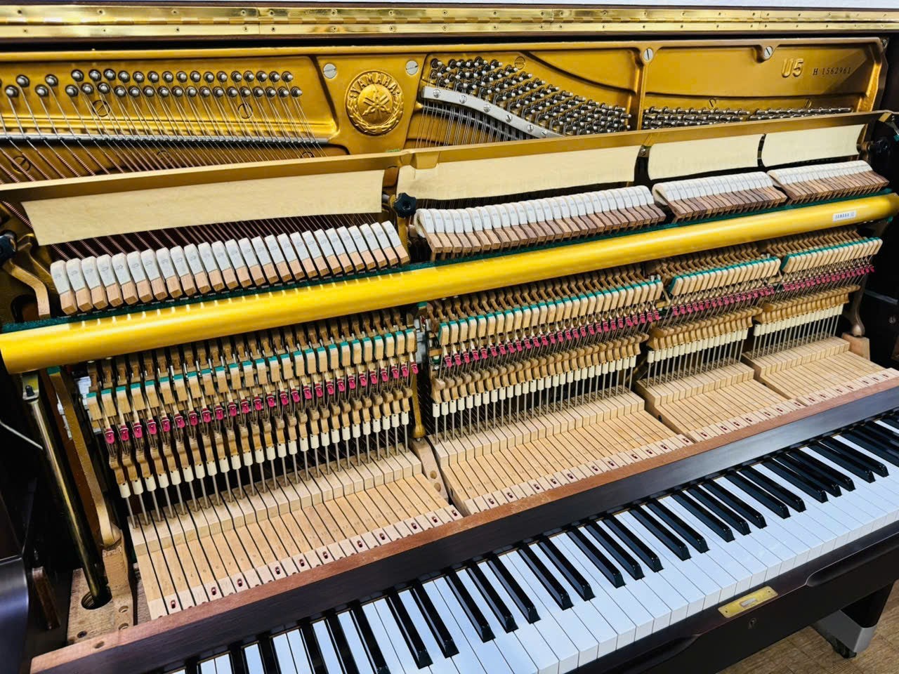 Bộ máy bên trong đàn piano cơ TÂN NHẠC CỤ Yamaha U5H với khung gang vàng và các chi tiết búa đàn tinh xảo