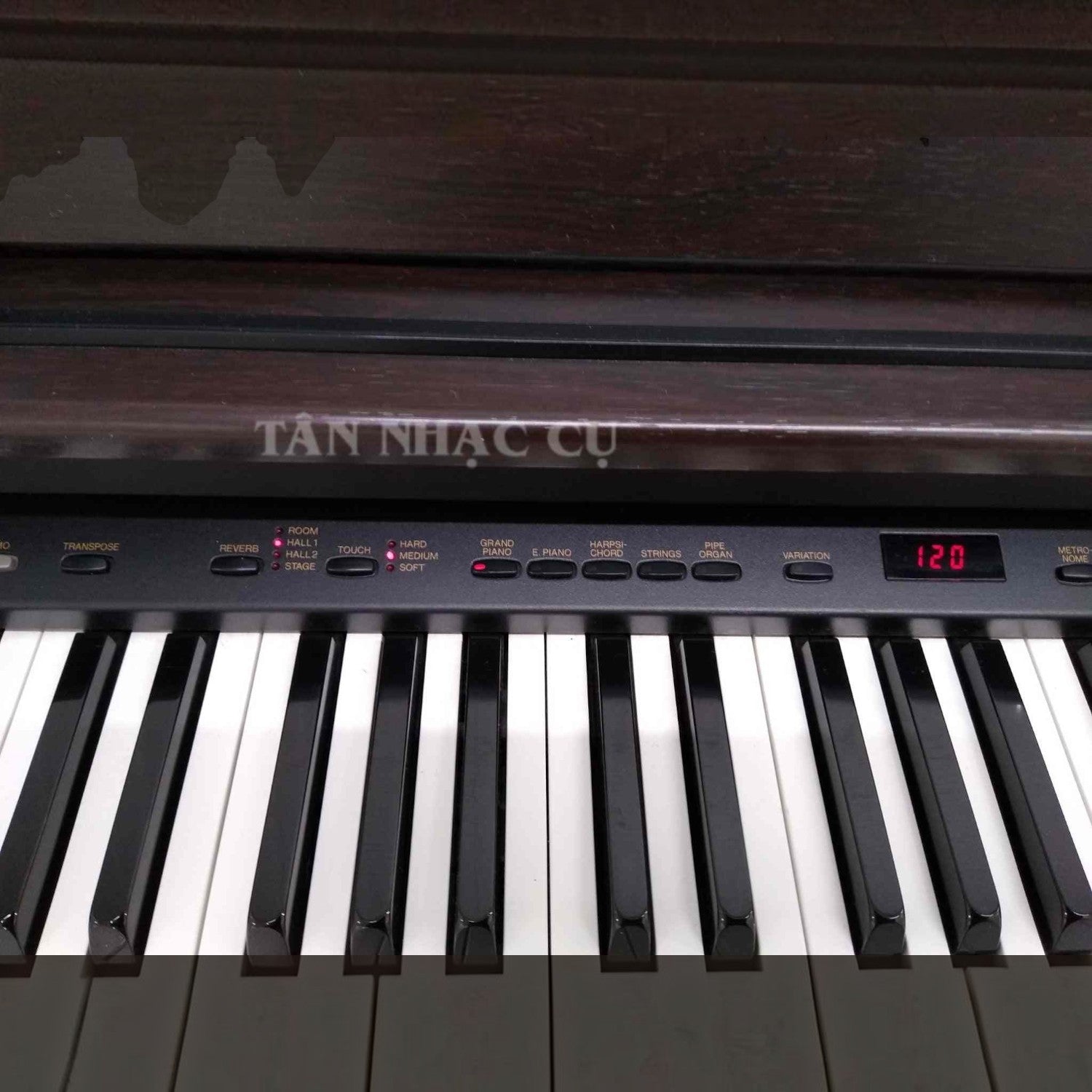 Bảng điều khiển đàn piano điện TÂN NHẠC CỤ Yamaha YDP101 với các nút chọn âm thanh và màn hình hiển thị kỹ thuật số